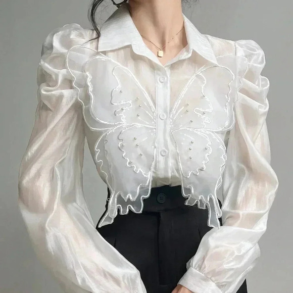 Tops - White Elegant Women's 3D Butterfly Decorated Puff Sleeve Blouse